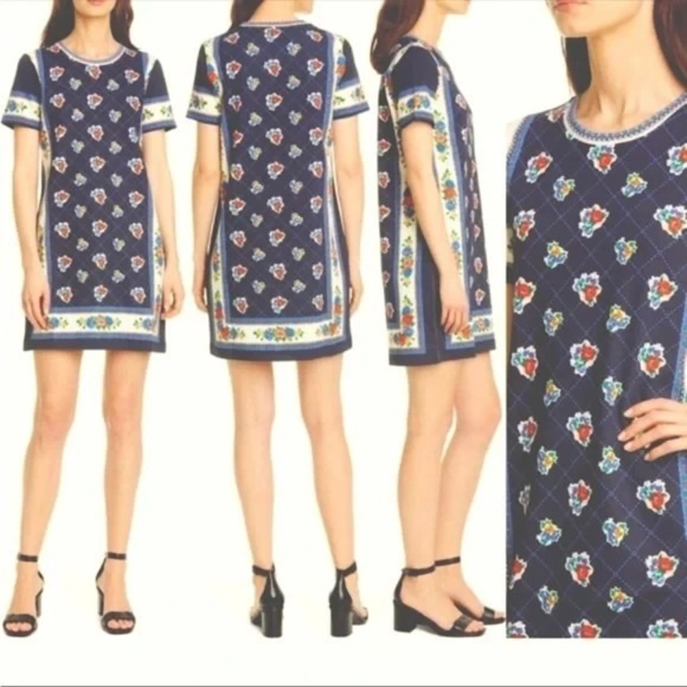 NWT Tory Burch Navy Tea Rose Border Tee TShirt Dress S 4 6 Cotton Floral Bandana